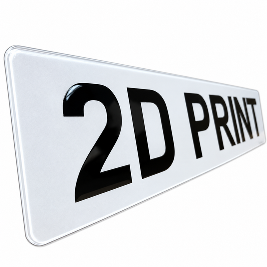 A white rectangular sign with rounded corners and the text '2D PRINT' in large black letters, shown at an angle on a plain white background.
