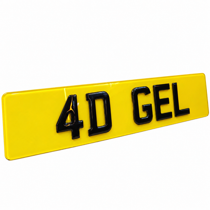 A bright yellow rectangular license plate badge with raised black lettering reading '4D GEL' on a plain white background.