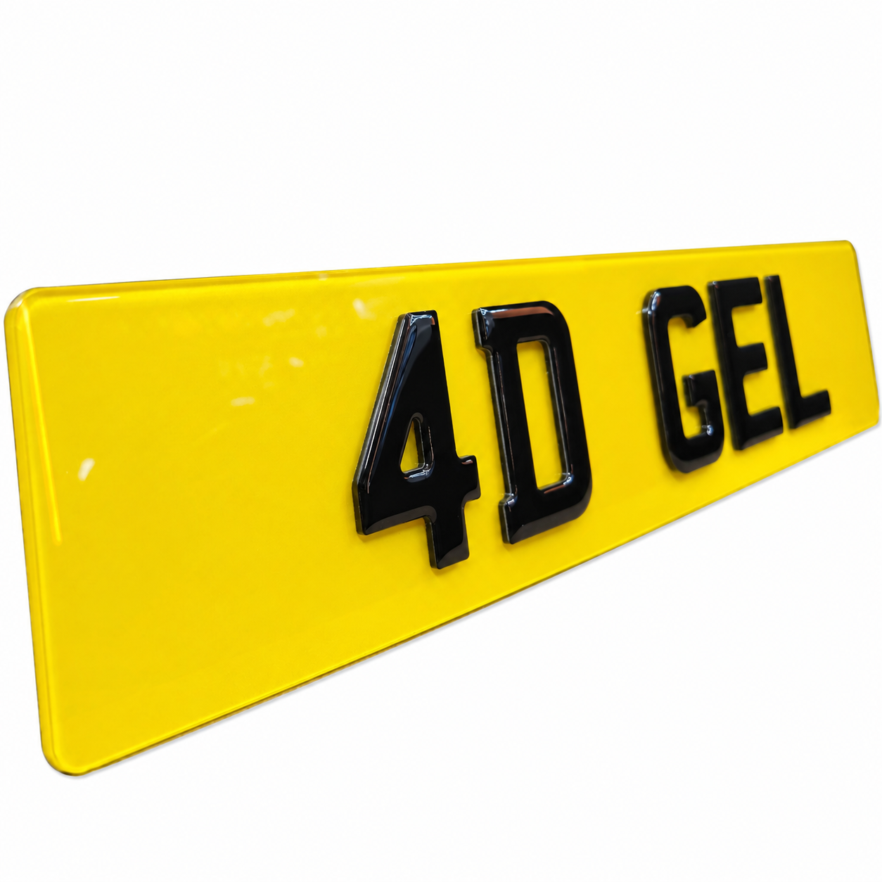 A bright yellow rectangular license plate badge with raised black letters spelling '4D GEL', shown at an angle on a plain white background.