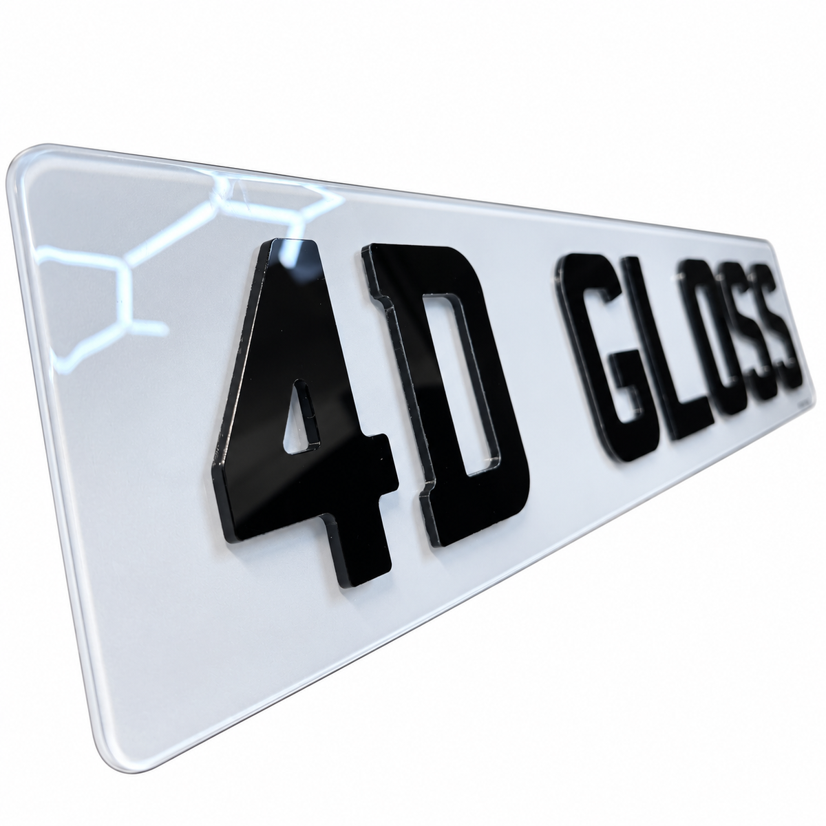 A glossy white license plate with raised black lettering reading '4D GLOSS' on a plain white background.