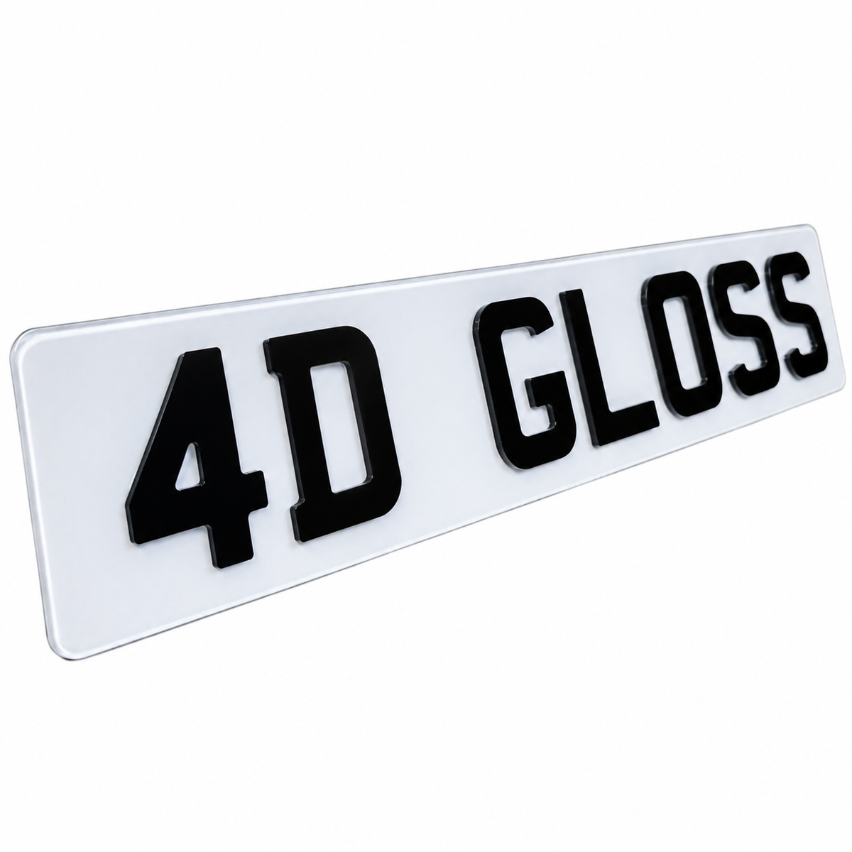 A glossy white rectangular license plate or badge with raised black lettering reading '4D GLOSS', shown at an angle on a plain white background.