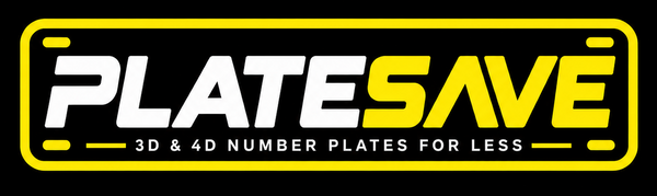 A rectangular license plate style graphic on a black background with the brand name PLATESAVE in large white and yellow letters and the text '3D & 4D NUMBER PLATES FOR LESS' underneath.